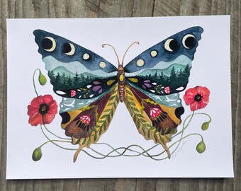 Swallowtail Butterfly and Poppies Fine Art Print, home decor, wall art, botanical watercolor, folk art