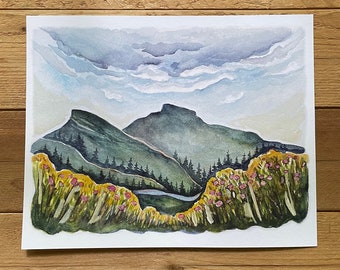 Linville Gorge Table Rock Blue Ridge Mountains watercolor fine art print by kat ryalls North Carolina Mountains