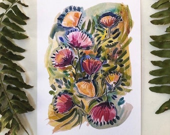 Abstract Floral Watercolor Art Print: Thistle Wildflower Illustration
