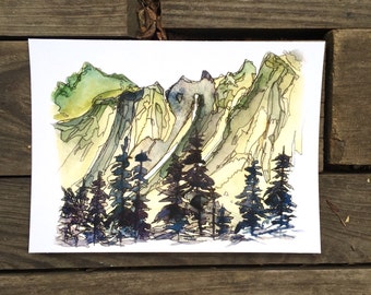 Cascade Mountains Watercolor Art Print | Washington National Park