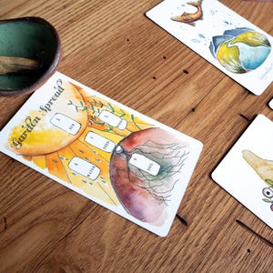 May include: A watercolor illustration of a garden spread for tarot card readings. The illustration shows a sun, rain, seed, water, soil, and new growth. The text "Garden Spread" is written at the top of the illustration.