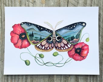 Butterfly & Poppies Art Print, Botanical Watercolor Illustration