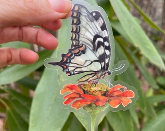 Butterfly Wildflower Zinnia vinyl weatherproof sticker, decal, illustration, moth in the forest,  woodland