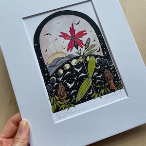 Morel Mushroom, Fire Pink 5x7" met 8x10" mat, illustratie, magie, betoverd bos. fine art print, wilde bloem, orakeldek Kat Ryalls