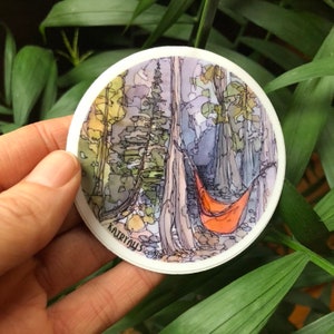 Hammock Vinyl Sticker Camping National Parks  3" circle by Kat Ryalls outdoor nature watercolor