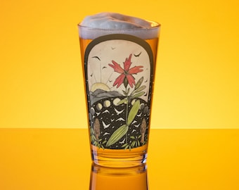 Wildflower and Mushrooms Firepink, Morel Shaker Glass pint glass