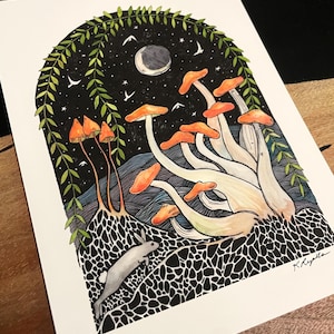 Honingpaddestoelen Maan, illustratie, magie, betoverd bos. Fine Art-print, wilde bloemen, orakelkaart Kat Ryalls