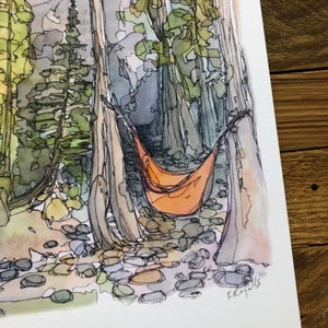 Mountain Hammock camping watercolor Fine Art print kat ryalls, landscape watercolor, hammock watercolor