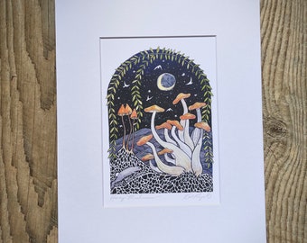 Midnight Mushroom 5x7" with 8x10" mat , illustration, magick, enchanted forest.  fine art print, drawing, wildflower, oracle deck Kat Ryalls