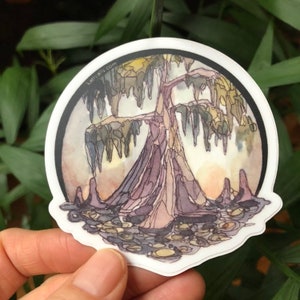 Journey Travel Louisiana Cypress Swamp Vinyl Sticker  3" circle by Kat Ryalls Watercolor New Orleans