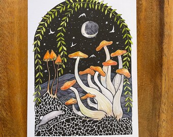 Midnight Mushroom, illustration, magick, enchanted forest.  fine art print, drawing, wildflower, black and white Kat Ryalls