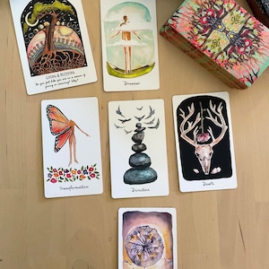 May include: A set of tarot cards with colorful illustrations. The cards feature images of a tree with roots, a person in a boat, a butterfly, a stack of stones, a deer skull, and a dandelion.