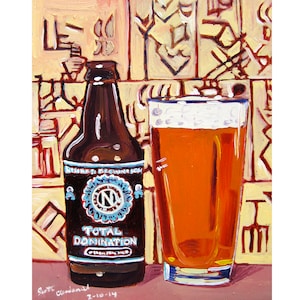 May include: A painting of a brown beer bottle with a blue and white label that says "Total Domination" and a glass of amber beer with a white head. The background is a yellow and orange abstract pattern.