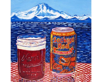 Sockeye Red IPA, Salmon Painting, Alaska Fishing Art, Craft Beer Gift, Midnight Sun Brewing, Redoubt Volcano, Kitchen Art, Anniversary Gift