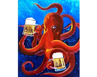 Octopus Painting, Red Octopus Drinking Beer, Animals and Beer, Octopus Art, Dining Room Painting, Funny Beer Poster, Man Cave Bar Beer Decor