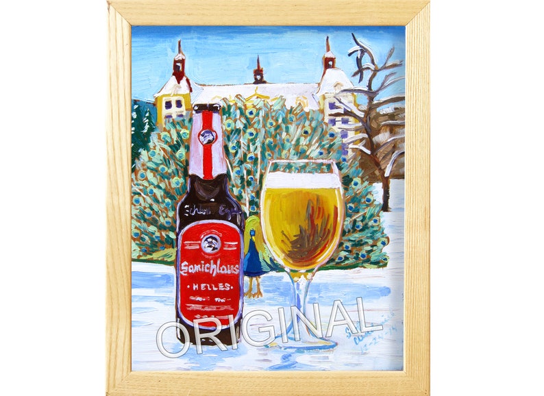 Samichlaus Helles Austrian Beer Poster, Peacock Painting, Castle Brewery Beer Painting, Craft Beer Gift for Him, Europe Dining Room Painting image 1