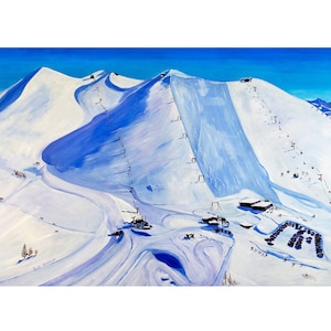 Arctic Valley Ski Area schilderij gemaakt voor de bergkaart door de kunstenaar Scott Clendaniel uit Alaska, papier- en canvasafdrukken van verschillende formaten