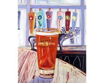 May include: A painting of a glass of beer with the words "Brewery Ommegang Cooperstown NY" on the glass. The glass is sitting on a wooden surface in front of a bar with multiple beer taps.