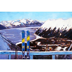 Ski Art, Alaska Skiing Painting, Mt. Alyeska, Downhill Skis Art Print, Gift for Alaskan Skier, Girdwood, Ski Resort Painting, Skiing & Beer