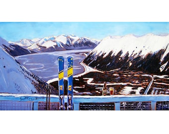 Ski Art, Alaska Skiing Painting, Mt. Alyeska, Downhill Skis Art Print, Gift for Alaskan Skier, Girdwood, Ski Resort Painting, Skiing & Beer