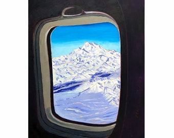 Denali Mountain Painting, Alaska Airlines Club 49 Art, Alaska Mountains, Gift for Pilot, Scott Clendaniel, Alaska Aviation, Mt McKinley Art