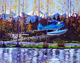 Alaska Float Plane & Mountains Art Painting, Gift for Pilot, Anchorage, Alaska Aviation, Gift for Brother, Gift for Husband, Blue Airplane