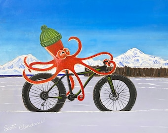 Octopus Riding Fat Bike Oil Painting by Alaskan Artist Scott Clendaniel