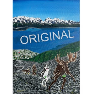 May include: A painting of a moose, a husky, and two bears walking on a rocky path. The background shows a mountain range and a body of water. The moose has a green tag with the number 100 on it. The painting is titled "ORIGINAL".