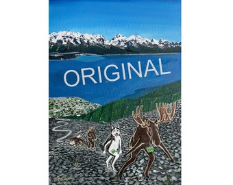 Animals Racing on Mt. Marathon in Seward Oil Painting, by Alaskan Artist Scott Clendaniel