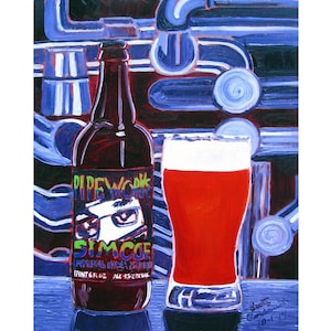 May include: A painting of a beer bottle and a glass of beer. The bottle is labeled "Pipework Brewing Simcoe Imperial IPA" and the glass is filled with a red liquid. The background is a blue and purple abstract design.