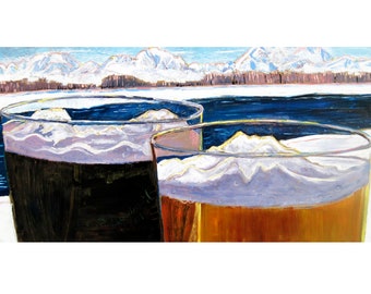 Beer Wedding Gift, His and Hers, Anniversary Beer Gifts for Him, Alaska Mountains & Pint Glasses, Alaska Painting, Denali, Mt. McKinley