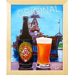 Puede incluir: Una pintura de una botella de cerveza con una etiqueta que dice "Ale of the Green Dragon" y un vaso de cerveza frente a un acorazado. La pintura está titulada "ORIGINAL" y firmada "Jeff  Unruh 9-15-14".
