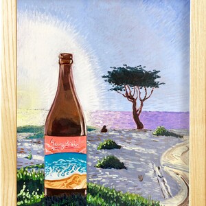 May include: A painting of a brown glass bottle with a label that says "Greybelle" and a blue and orange design. The bottle is sitting on green grass in front of a painting of a beach scene with a lone tree and a blue sky.