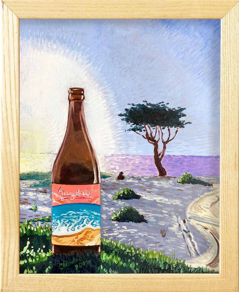 May include: A painting of a brown glass bottle with a label that says "Greybelle" and a blue and orange design. The bottle is sitting on green grass in front of a painting of a beach scene with a lone tree and a blue sky.
