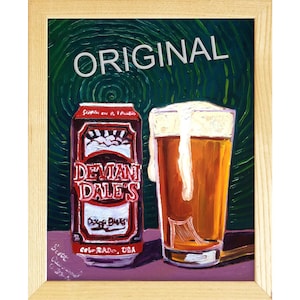 May include: A painting of a can of Demani Dale's "Oskar Blues" beer and a glass of beer with a white head. The can is red and white with the words "Demani Dale's" and "Oskar Blues" on it. The glass is clear and the beer is amber in color. The background is a dark green with a swirling pattern. The painting is titled "Original".