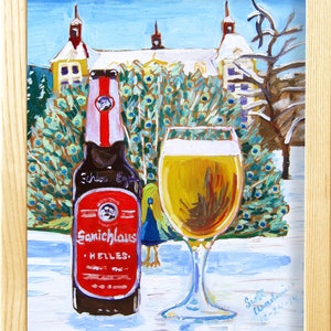 Samichlaus Helles Austrian Beer Poster, Peacock Painting, Castle Brewery Beer Painting, Craft Beer Gift for Him, Europe Dining Room Painting image 2