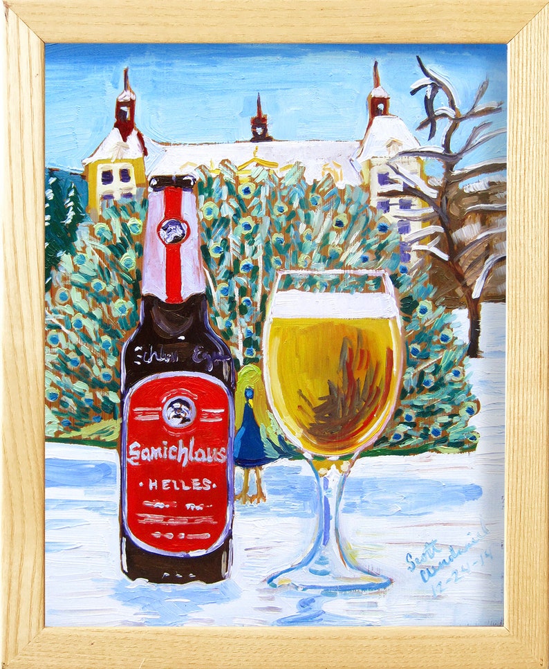 Samichlaus Helles Austrian Beer Poster, Peacock Painting, Castle Brewery Beer Painting, Craft Beer Gift for Him, Europe Dining Room Painting image 2