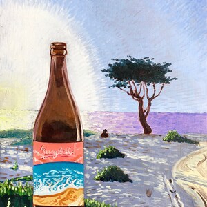 May include: A brown glass bottle with a pink and blue label that says "Seaybelle" on a beach scene with a lone tree and a distant figure. The sky is a light blue with a white sun.