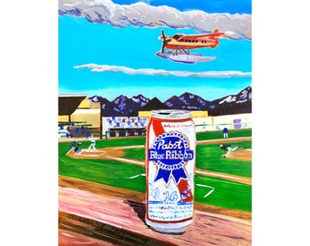 Alaska Baseball League, Anchorage Gletscher Piloten, PBR, Pabst, Wasserflugzeug, Anchorage Gemälde, Chugach Berge, Geburtstagsgeschenk für Ihn