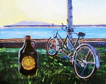 Tandem Bicycle and Beer Art, Schwinn 1964 Bicycle Built for Two, Wedding Gift, Parents Anniversary Gift, Beer Gift for Couple, Anchorage Art