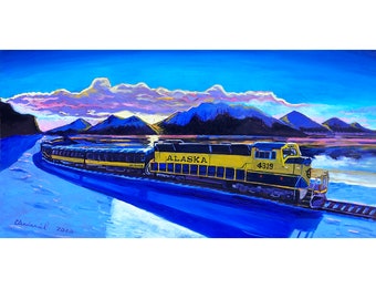 Alaska järnvägstågtryck, Turnagain-arm, Alaskamålning, Alaskakonstnär Scott Clendaniel, pensionsgåva, blått tåg vardagsrumsdekor
