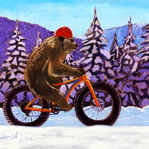 Grizzly Rider, Bear Riding Fatback Fatbike, Fat Tire Bicycle, Alaska Winter Biking Painting, Scott Clendaniel, Alaskan Artist, Animal Art