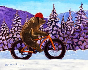 Grizzly Rider, Bear Riding Fatback Fatbike, Fat Tire Bicycle, Alaska Winter Biking Painting, Scott Clendaniel, Alaskan Artist, Animal Art