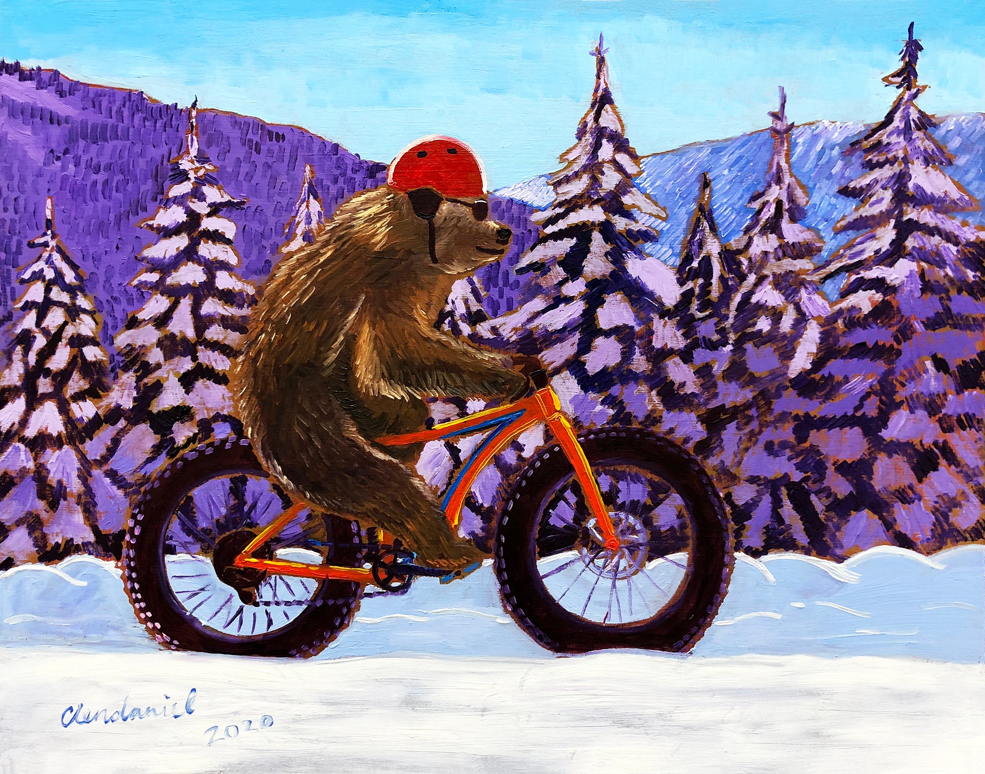 Grizzly Rider, Bear Riding Fatback Fatbike, Fat Tire Bicycle, Alaska Winter Biking Painting, Scott Clendaniel, Alaskan Artist, Animal Art