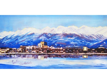 Anchorage Skyline in Spring Living Room Painting, Chugach Mountains Art, Graduation Gift, Alaska Wedding Gift, Going Away Gift, Clendaniel