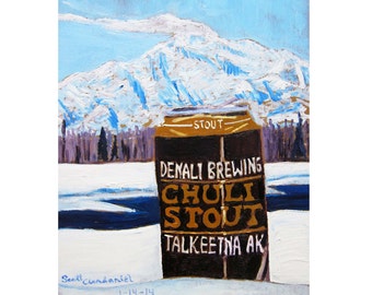 Chuli Stout, Denali Brewing, Talkeetna, Alaska Beer Art, Alaska Range Painting, Mt. McKinley, Beer Gift for Brother, Alaskan Artist, Bar Art
