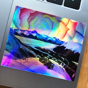Alyeska Resort Holographic Sticker, Abstract Rose Sunset, Alaska Ski Resort Sticker, Gift for Skier, Girdwood, Alaskan Artist, Skis Sticker