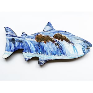 Bears Catching Salmon at Brooks Falls in Katmai National Park Painting on a Salmon-Shaped Wall Piece, Scott Clendaniel, Alaskan Artist