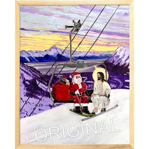 Santa and Jesus Riding a Chairlift Oil Painting by Alaskan Artist Scott Clendaniel image 1