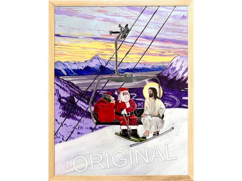 Santa and Jesus Riding a Chairlift Oil Painting by Alaskan Artist Scott Clendaniel image 1